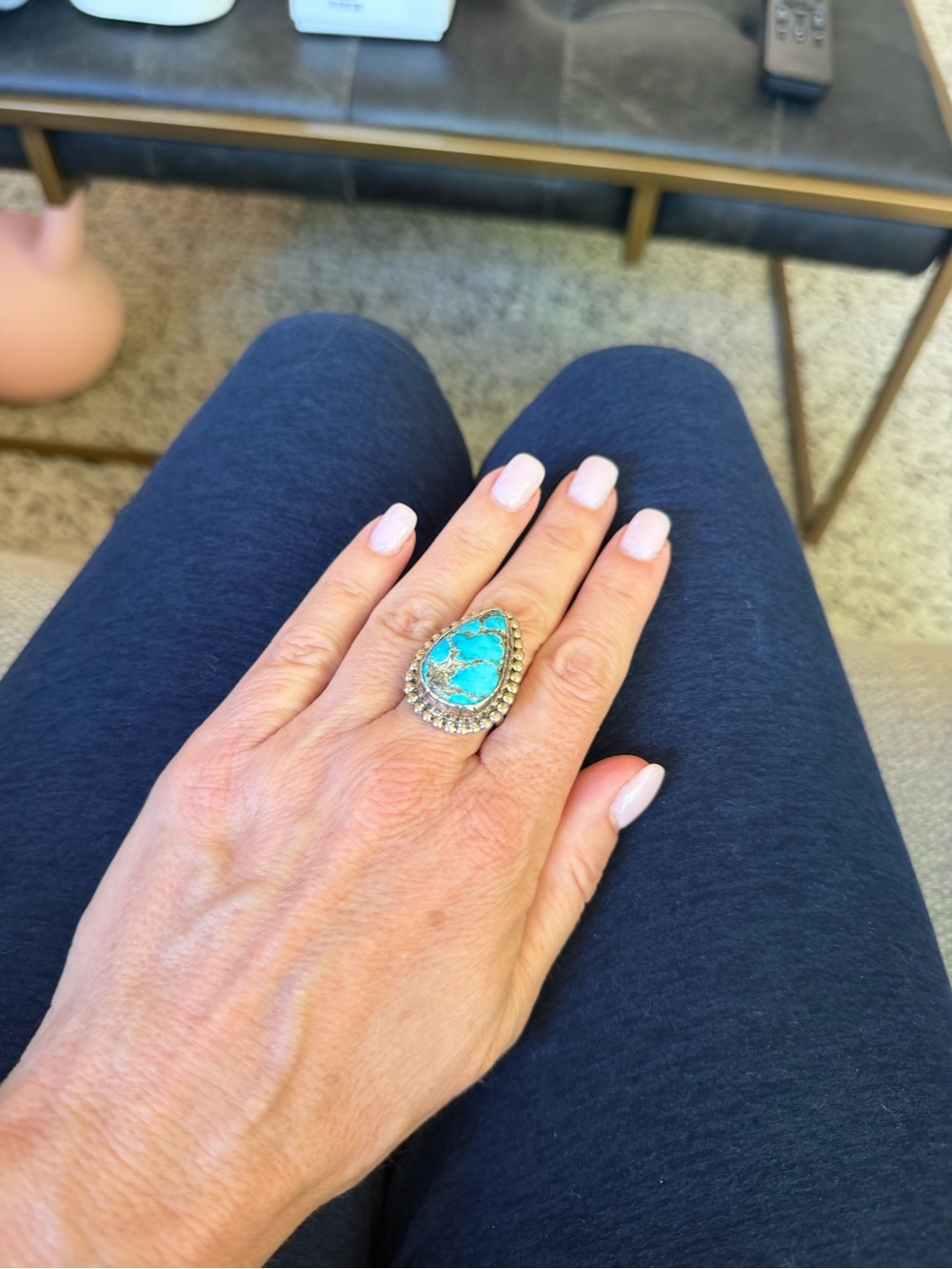 Teardrop Turquoise Statement Ring in Gold Tone Size 8.5